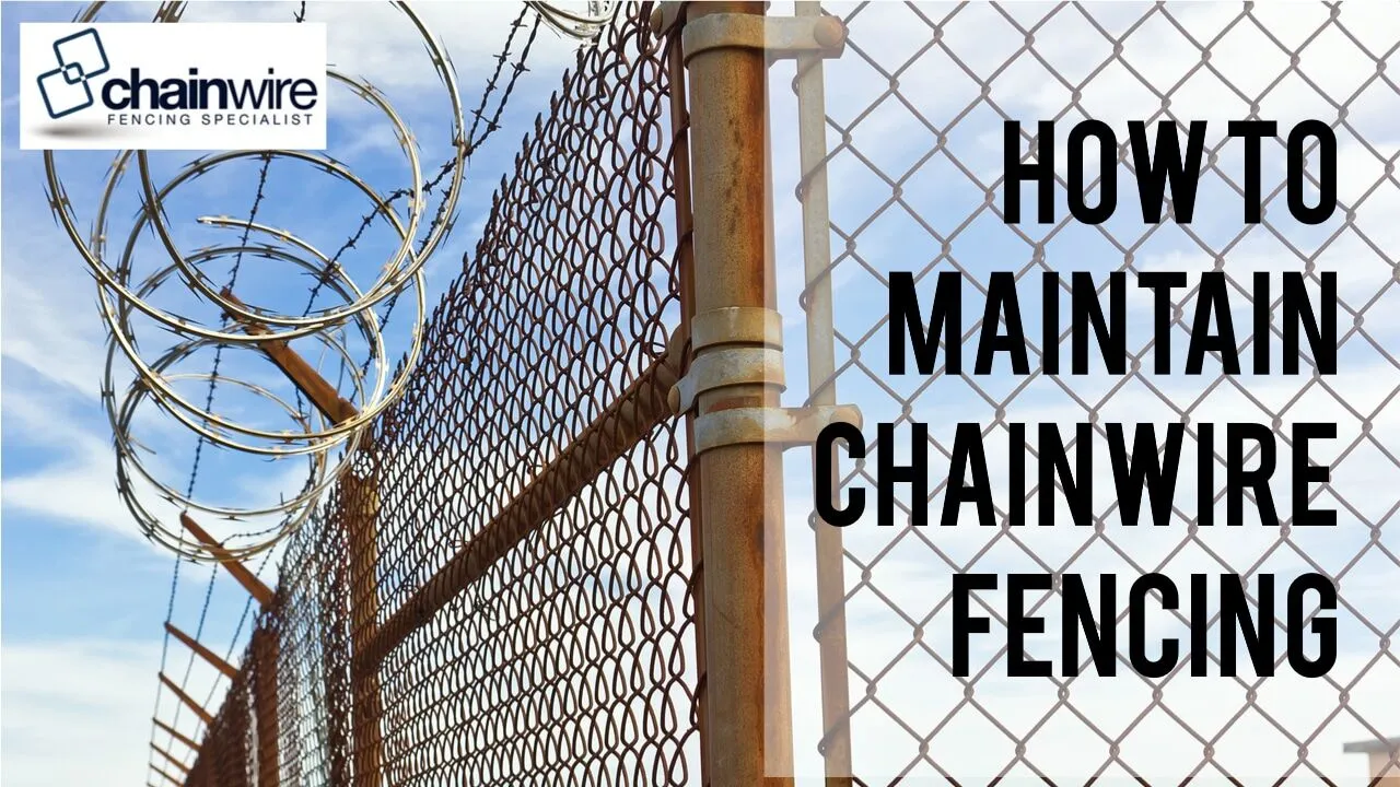 A galvanised chainwire fence with a rusting line post and a barbed wire top, against a clear sky