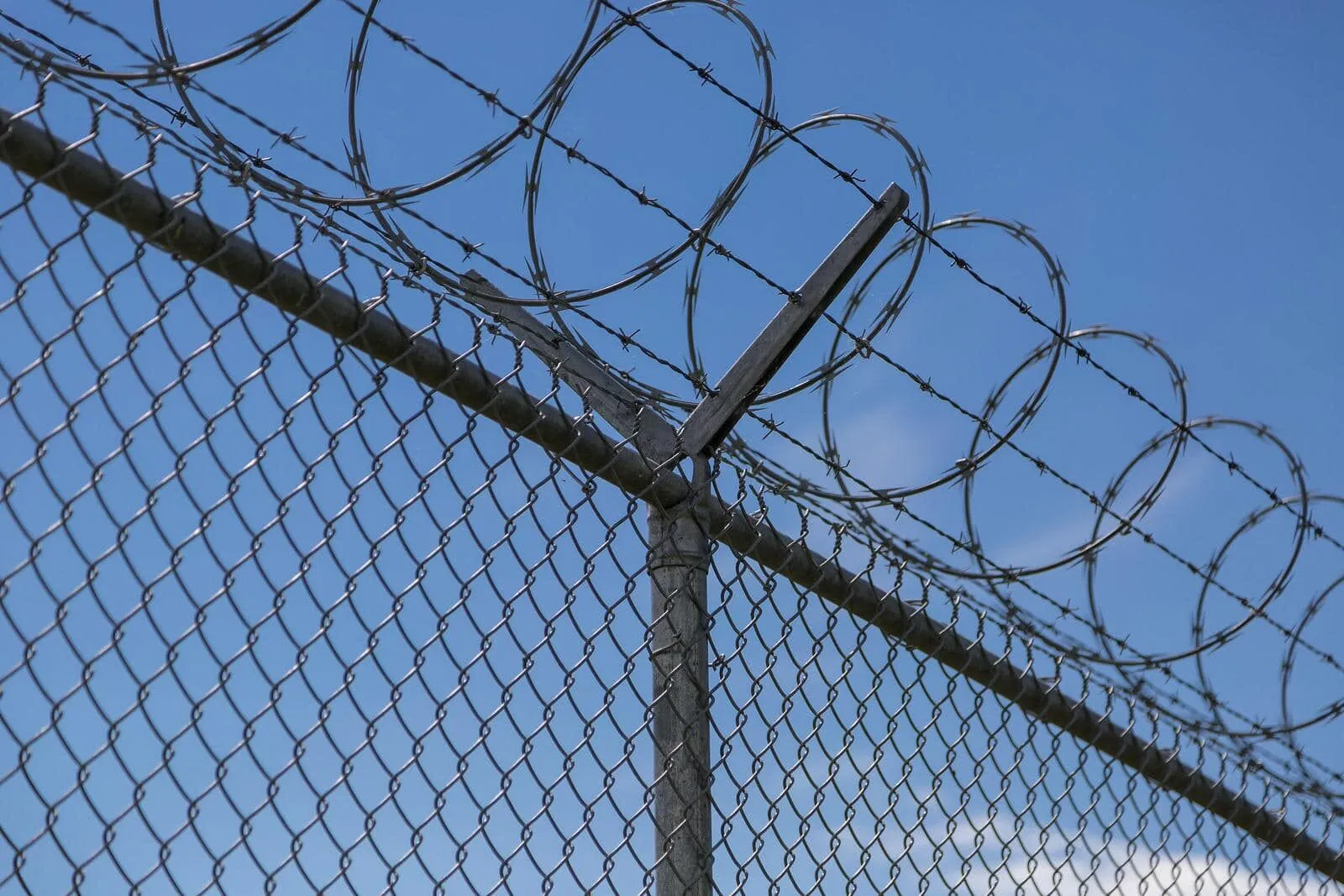 High-security fencing topped with barbed wire against a clear sky